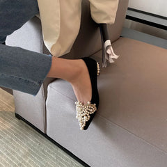 LBSFY -Black New Crown Pearl Flats Women Wedding Shoes Pointed Toe Female Dress Moccasins Low Pearl Heel Ladies Fashion Luxury Style 43