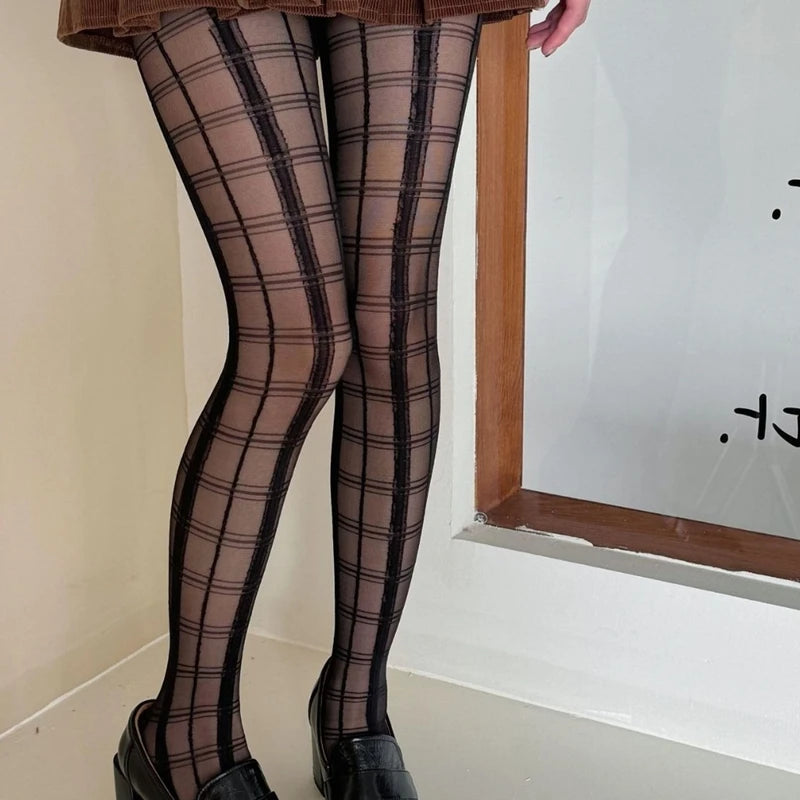 Lbsfy Black Plaid Pattern Stretchy Tights JK Ultra-thin Pantyhose Women's Stockings Ladies Party Club Slimming Socks Underwear
