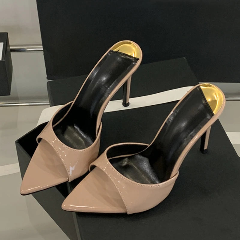 LBSFY -Summer White Patent Leather Women Slippers Sandals Sexy Leopard Print Pointed Toe Mules High Heels Party Stripper Shoes