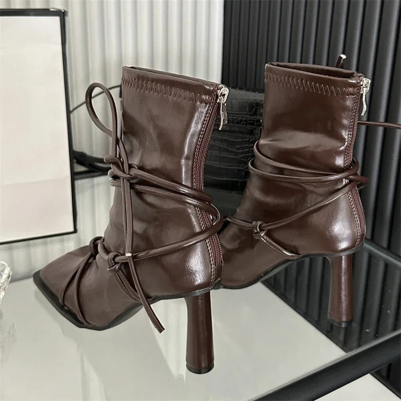 LBSFY  -  Spring Autumn Design Cross- Strap Women Ankle Boots Punk Style Square Toe High Heels Zipper Booties Shoes