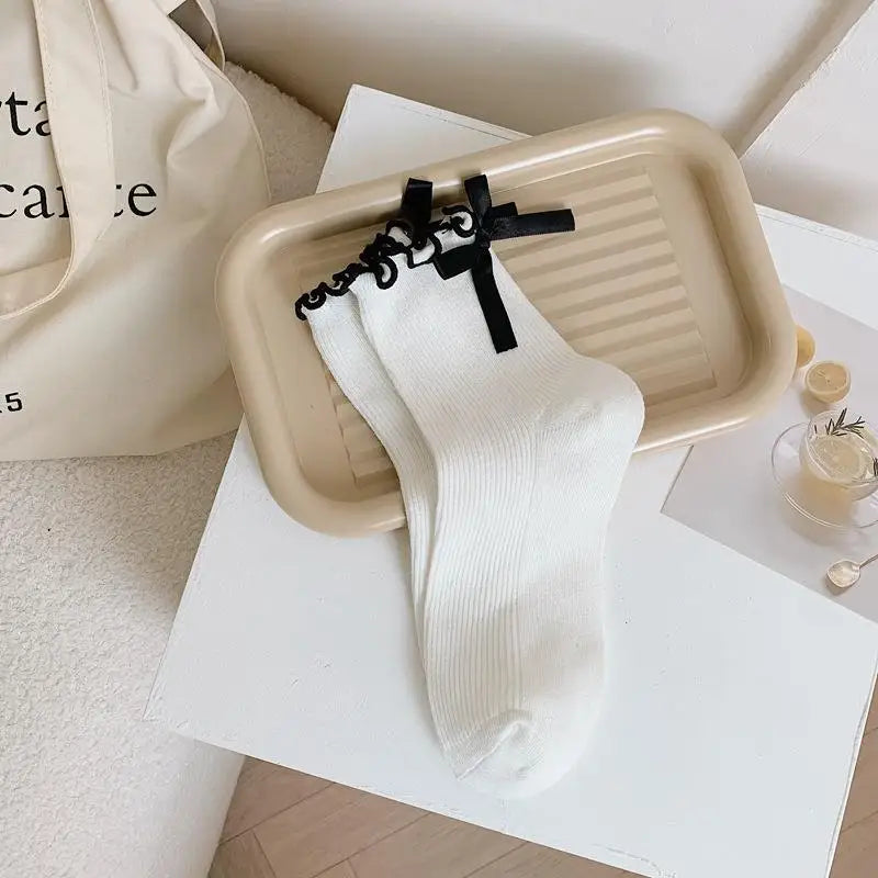 Lbsfy Bow Socks Women Cute Kawaii Mid-tube Frilly Black White Harajuku Lolita Princess Girl Gift Ruffle Sock Ladies Calcetines Mujer