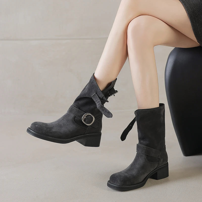 LBSFY  -  Plus Size 34-41 Cow Suede Ankle Boots Square Toe Buckle Motorcycle Booties Chunky Heels Retro Winter  Short Botas