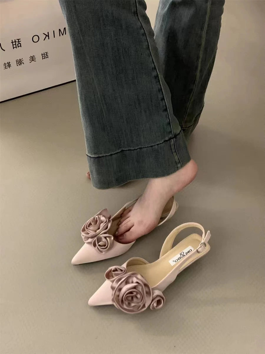 LBSFY -New Brand Women Sandal Fashion Flower Ladies Elegant Dress Slingback Shoes Thin Low Heel Dress Mules Pumps