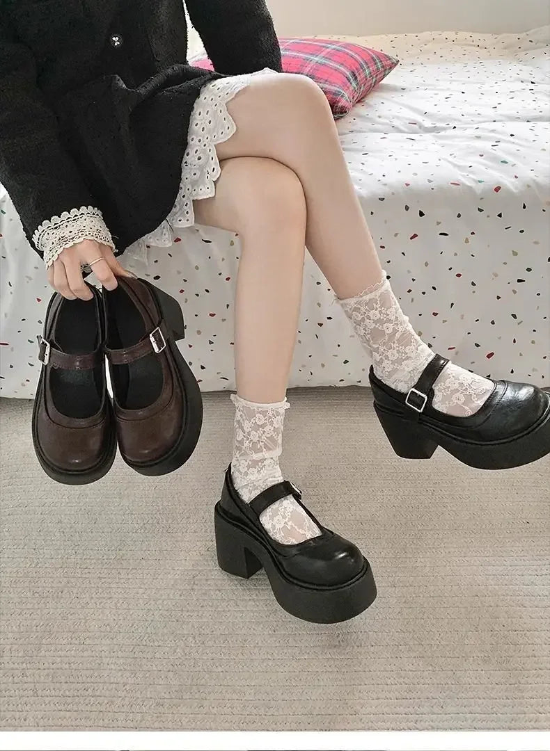 LBSFY -Brown Retro French Thick Heel Mary Janes Women's Shoes Spring 2025 New Style Heightening Flat Mouth High Heels Loafers Shoes
