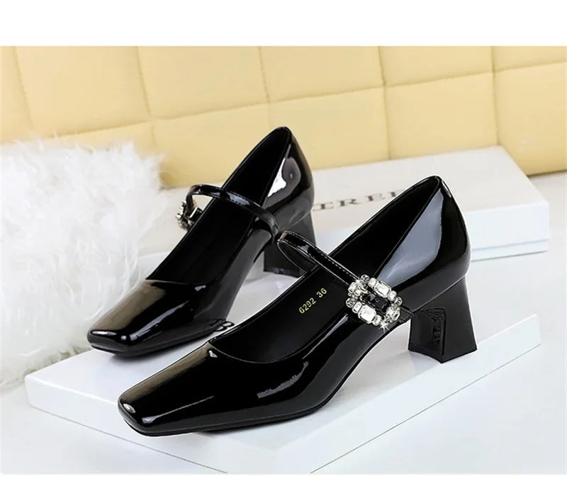 LBSFY -Banquet Mary Jane Women Single Shoes Square Toe Light Mouth Patent Leather One-Striped Rhinestone Buckle Thick Heel Medium Heel