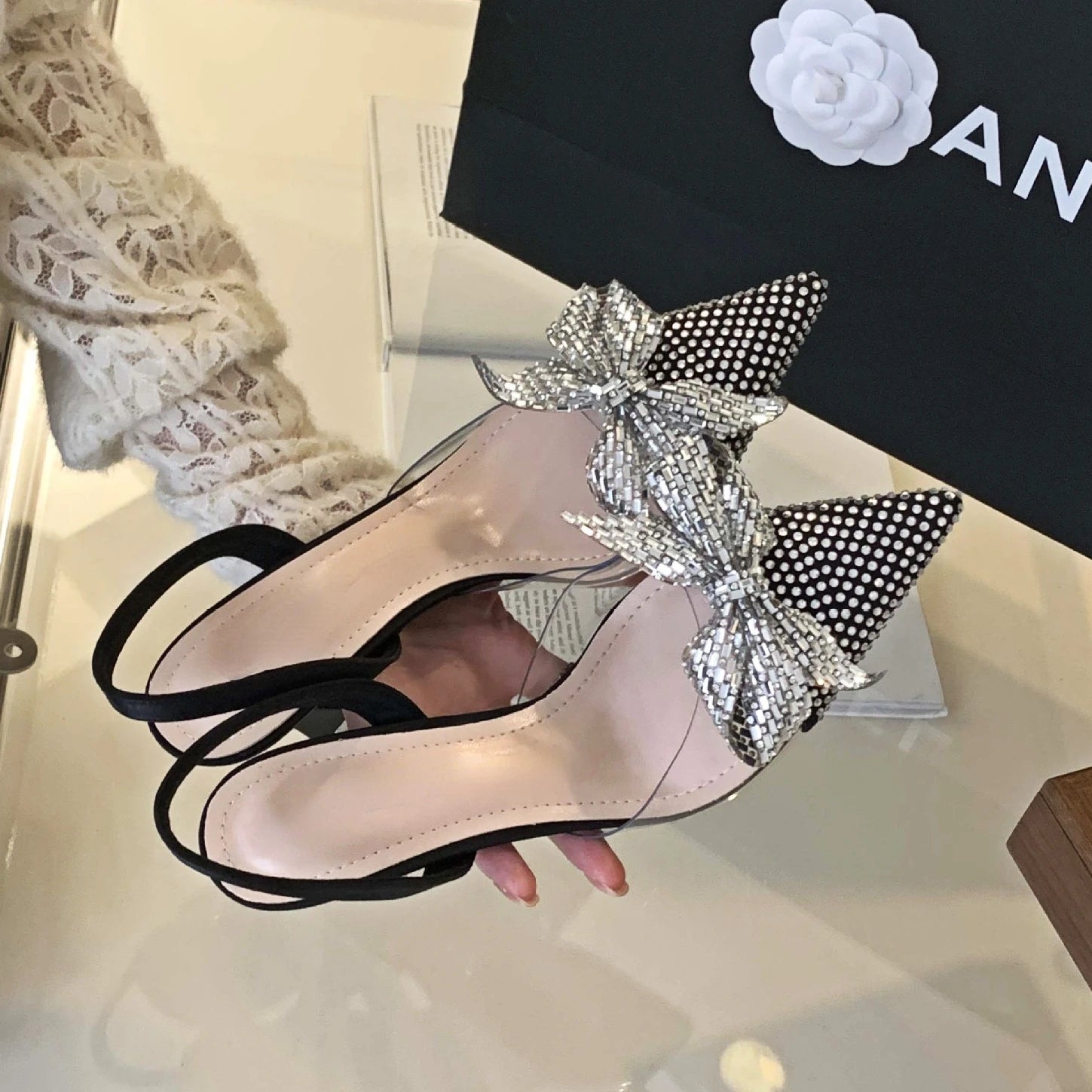 LBSFY  -  Designer Luxury Pointed Heels Woman Crystal Slingback Shoes Glitter Bow Bride Fine High Heel Sandals Female Muller Pumps Women