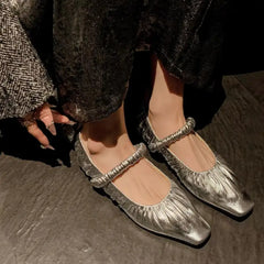 LBSFY  -  Fashion Pleated Mary Jane Women Flats Shoes Square Toe Shallow Slip On Ladies 2024 Autumn Silvery Soft Ballet Slingback Shoes