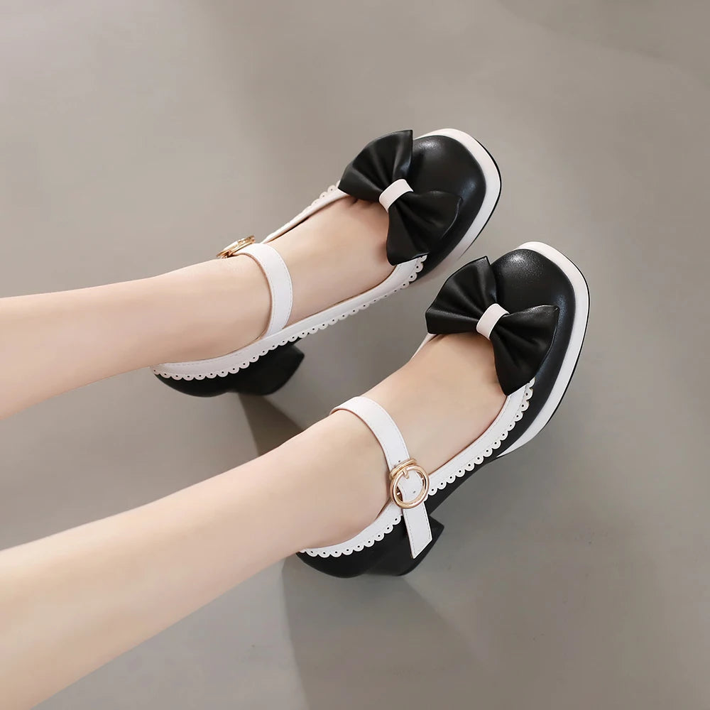 LBSFY  -  Girls Sweet Bow Moccasins Shoes Womens Lolita Mixed Colors Mary Janes Square Heels Ballet Pumps Bordered Shoe zapatillas mujer