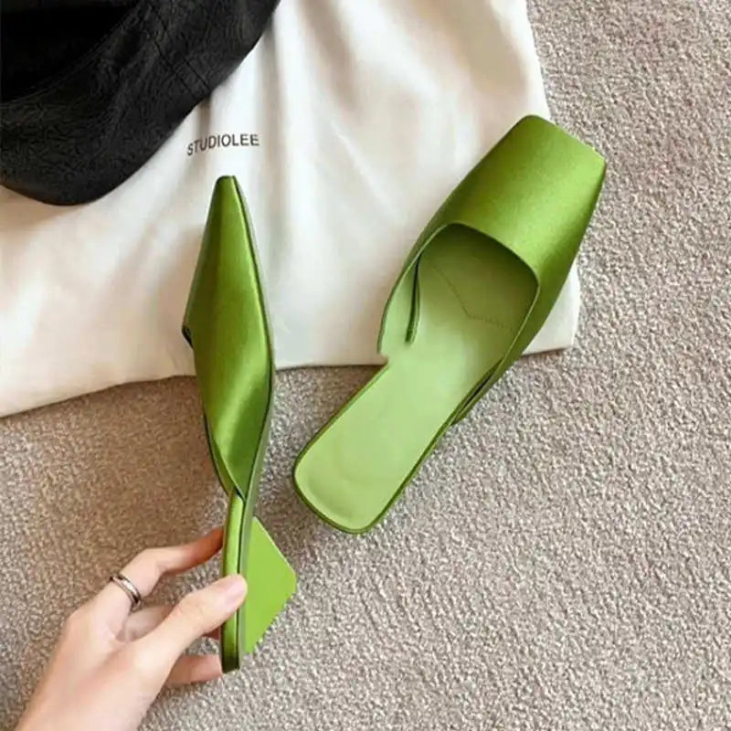 LBSFY  -  Luxury Satin Design Mules Shoes for Women Summer Sexy Square Head Strange Low Heel Slide Sandals Elegant Comfort Dress Slippers