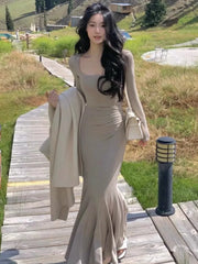 LBSFY -Elegant Long Sleeve Knitted Mermaid Dresses Women Sexy Fashion Slim Solid Evening Party Prom Casual Vestido Mujer New Autumn