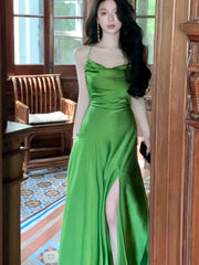 LBSFY -Women Sexy Party Elegant Pleated Dress 2025 French New Fashion Vacation Evening Solid Satin Split Sleeveless Long Dress Summer