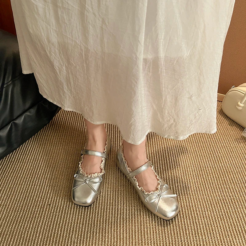 LBSFY -Square Toe Shallow Mouth Vintage French Flat Lace Mary Jane Women's Shoes New with Skirt Bow Strap Single Shoes