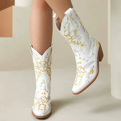 LBSFY  -  Women Cowboy Boots Ankel Block Heel Embroider Silver Pu Leather Plush Size 35-46 Western Cowgirl Shoes