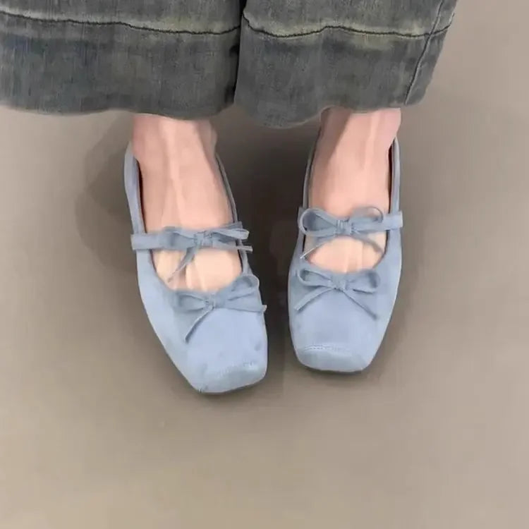 LBSFY -Version Mary Jane Ballet Flats Square Head Bow Knot French Style Low Heel Women's Casual Shoes Spring Autumn