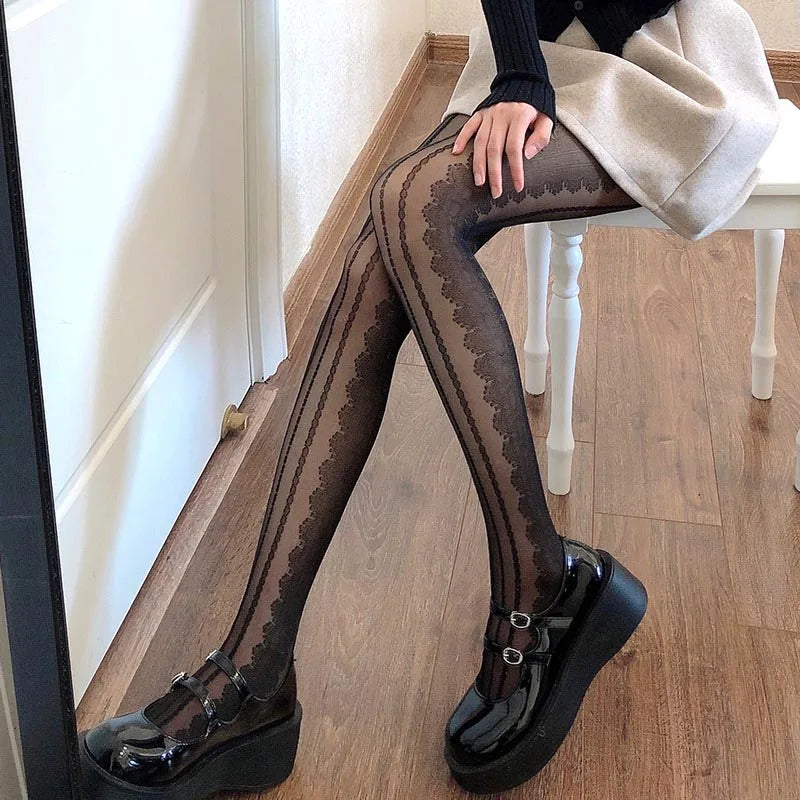 Lbsfy Black White Lolita Hollowed Lace Mesh Stockings Women Bottomed Pantyhose Japanese Goth Thin Stocking Hot Classic Tights
