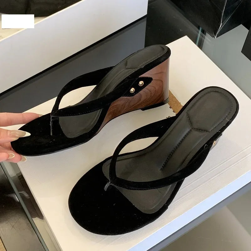 LBSFY -New Fashion Shallow Round Clip Toe Wedge Woman Slippers Summer Timber High Heels Flip Flops Slide Shoes