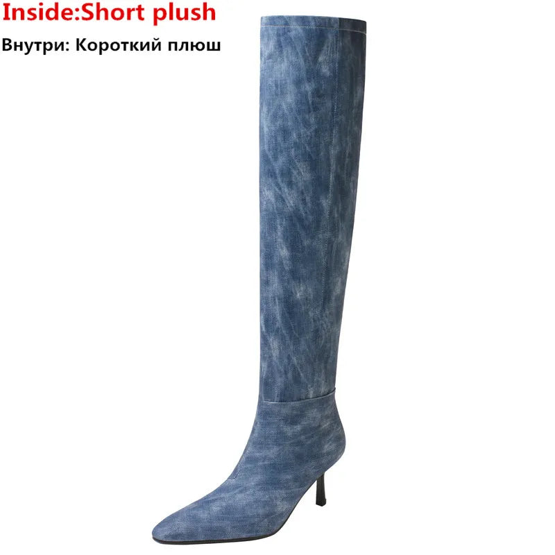 LBSFY  -  2024 New Fashion Slip On Over The Knee Boots Pleated Genuine Leather Boots For Women Thin High Heels Winter Boots