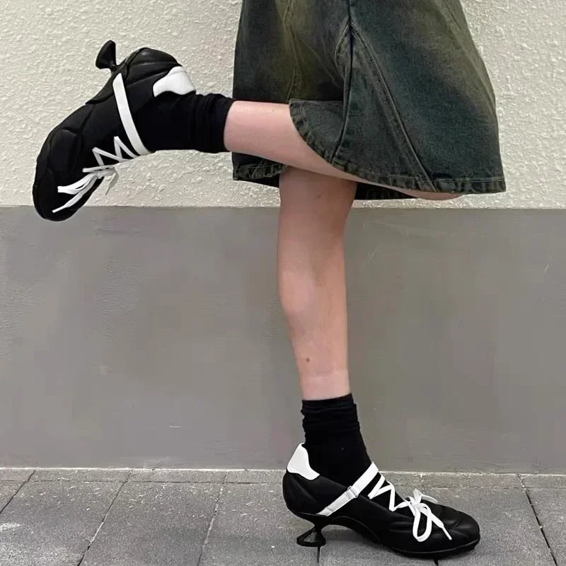 Lbsfy  High Heel Ballet Shoes Women Round Toe Cross Lace Up Strange Shoes Sporty Style Low Heel Mary Jane Shoes Women Pumps