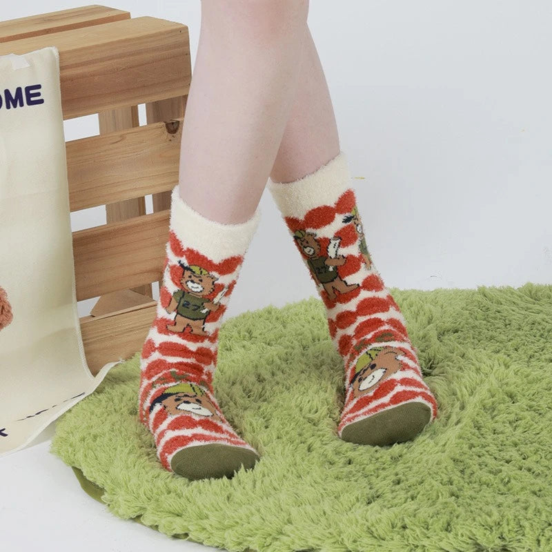Lbsfy Winter Warm Women's Socks Cute Bear Cartoon Velvet Floor Socks for Women Soft Home Indoor Funky Sock Comfortable High Quality