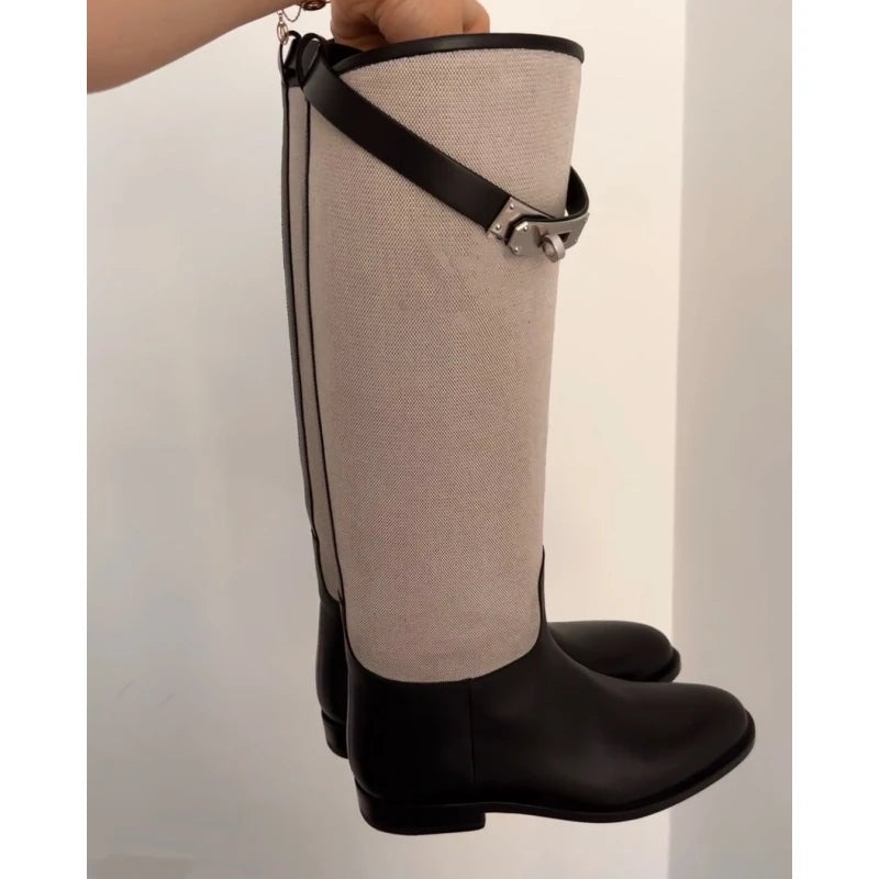 LBSFY  -  Metal Buckle Canvas Round Toe Botas Mujer Designer Winter Slip-On Mixed Colors Shoes for Women British Knee-High Knight Boots