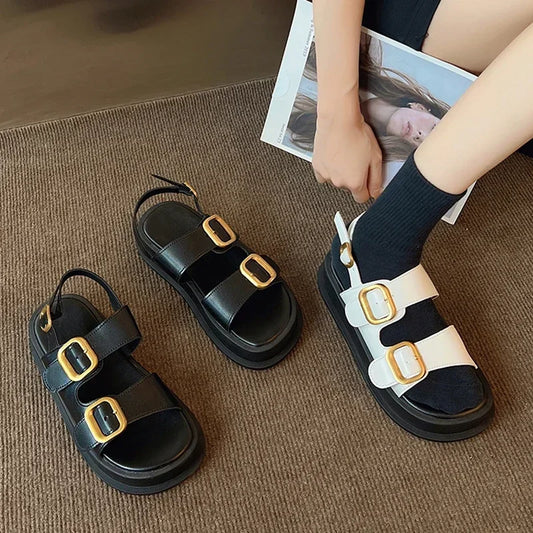 LBSFY  -  Platform Women's Sandals 2024 Summer Flat Shoes for Women Fashion Casual Metal Buckle Soft Bottom Open Toe Ladies Beach Sandals