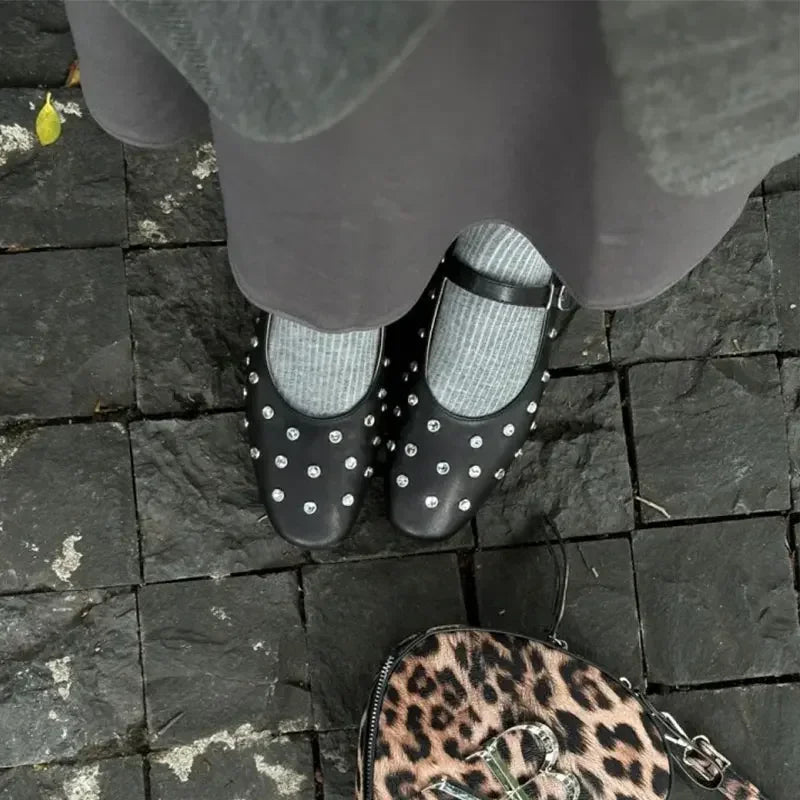 LBSFY  -  Fashionable Diamond Studded Women's Mary Jane Ballet Shoes 2025 Spring Shoes Casual Soft Leather Comfortable Flat Ballet Shoes