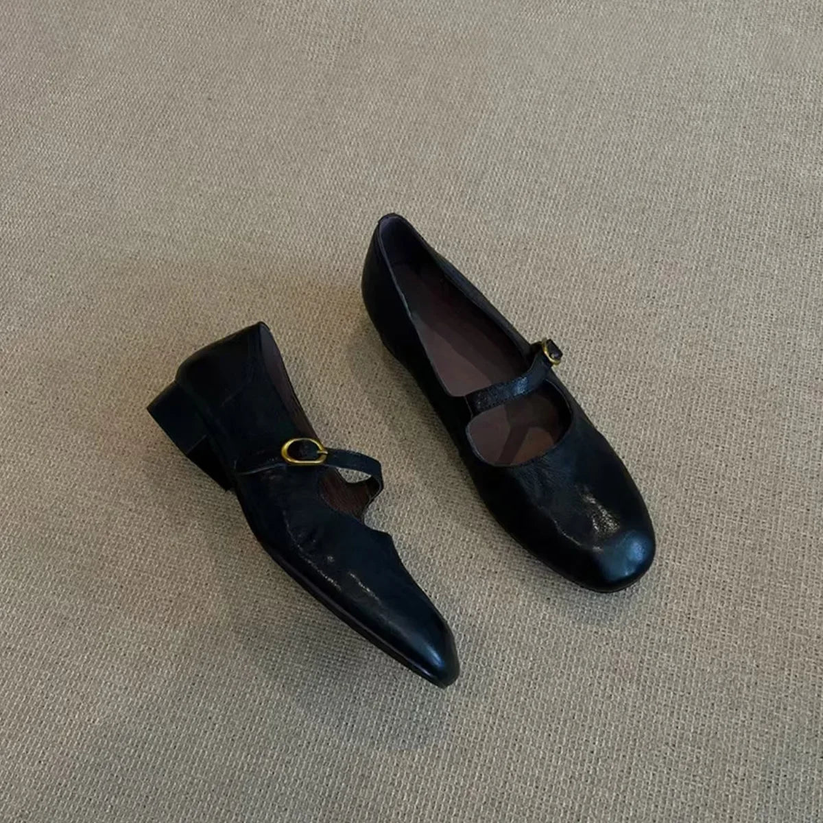 LBSFY -Version Mary Janes Low Heel Flat Bottom Women's Shoes Retro Simple Commuter Buckle Single Shoes Leather Upper