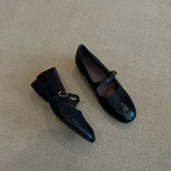 LBSFY -Version Mary Janes Low Heel Flat Bottom Women's Shoes Retro Simple Commuter Buckle Single Shoes Leather Upper