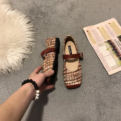 LBSFY  -  New Spring Suqare Toe Flat Shoes Women Mary Jane Fashion Plaid Fabric Ladies Soft Casual Shoes Dress Flat Ballet Girl Zapatillas