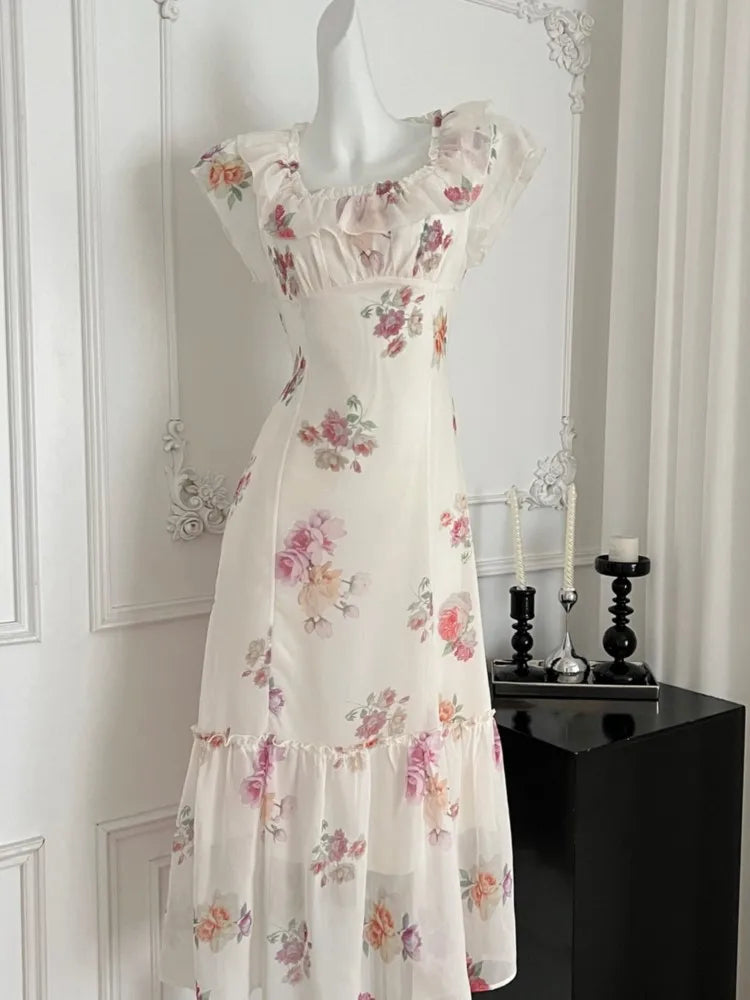 LBSFY -Fairy French Print Women's Dresses Roamntic Elegant Zipper Lace Up New Ruffles Slim Fit Folds Mejur Dress Summer Fashion Vestido