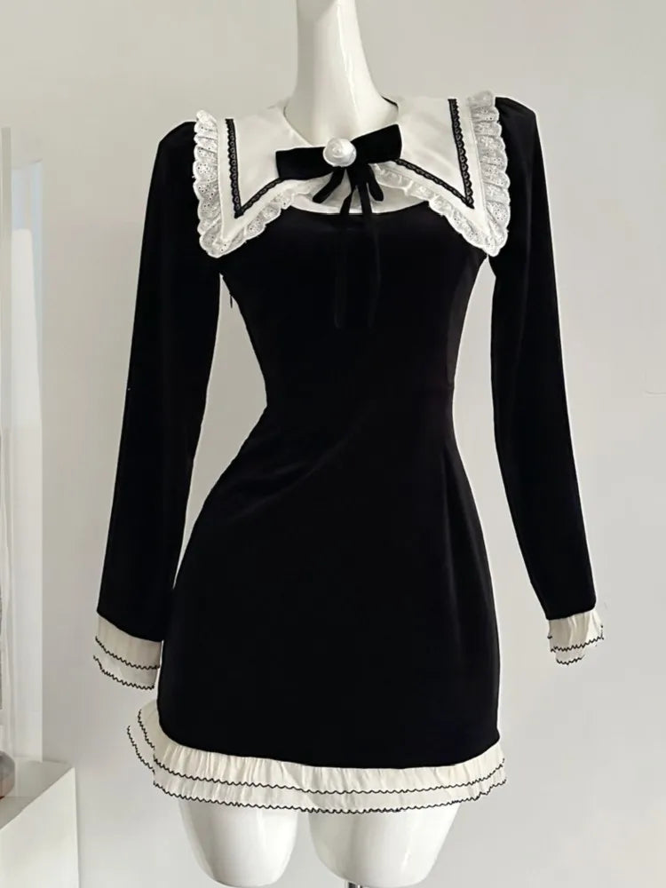 LBSFY -Y2K Sweet Velvet Womens Dresses French Patchwork Princess Flare Long Sleeves Birthday Party Mini Dress Female Short Vestidos New
