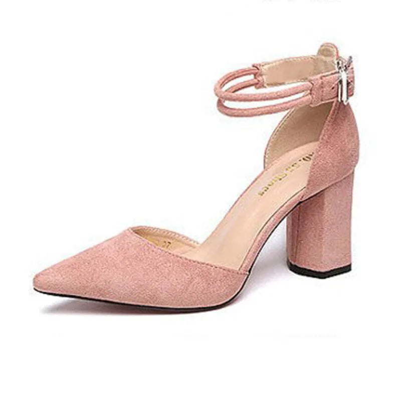2025 Summer Square High Heels Women Shoes Flock Pointed Sandals Sexy Female Sandalias Shoes Ankle Buckle 6cm Heel Casual Pumps