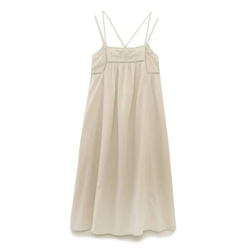 LBSFY -Fashion Embroider Linen Blended Casual Beach Dress Loose Backless Vacation Dress 2025 New Square Collar Fashion Vestidos