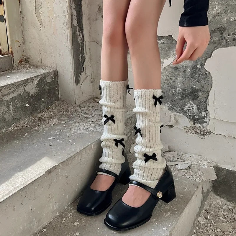 Lbsfy New Japanese Bow JK Knitted Leg Socks Wool Pile Socks Leg Warmer Y2k Punk Harajuku Leg Cover Pile  Korean Leg Socks