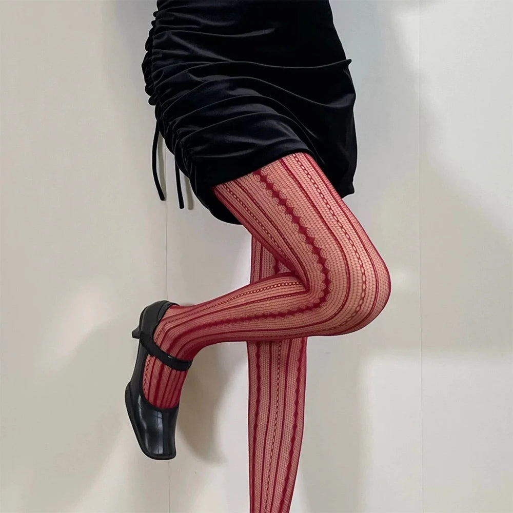 Lbsfy Women Sexy Lace Fishnet Pantyhose Lolita Style Hollow Out Design Red Silk Stockings JK High Waist Striped Tights Christmas Gifts
