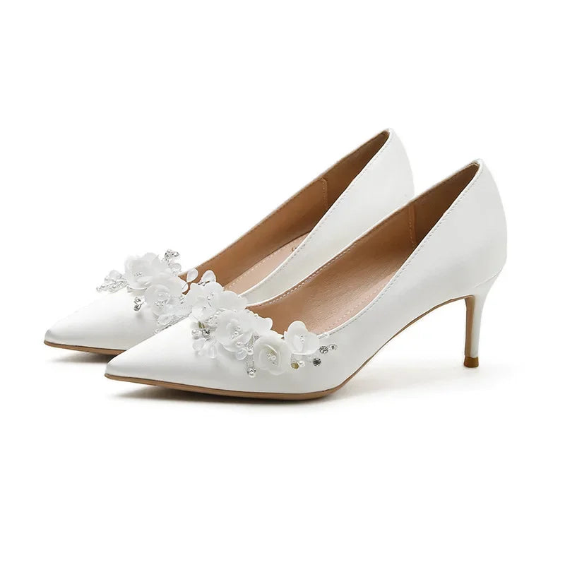 LBSFY  -  33-41 2024 New White Wedding Shoes Women Stiletto Point Toe Silk Flower Bridal Shoes High Heel Banquet Pumps