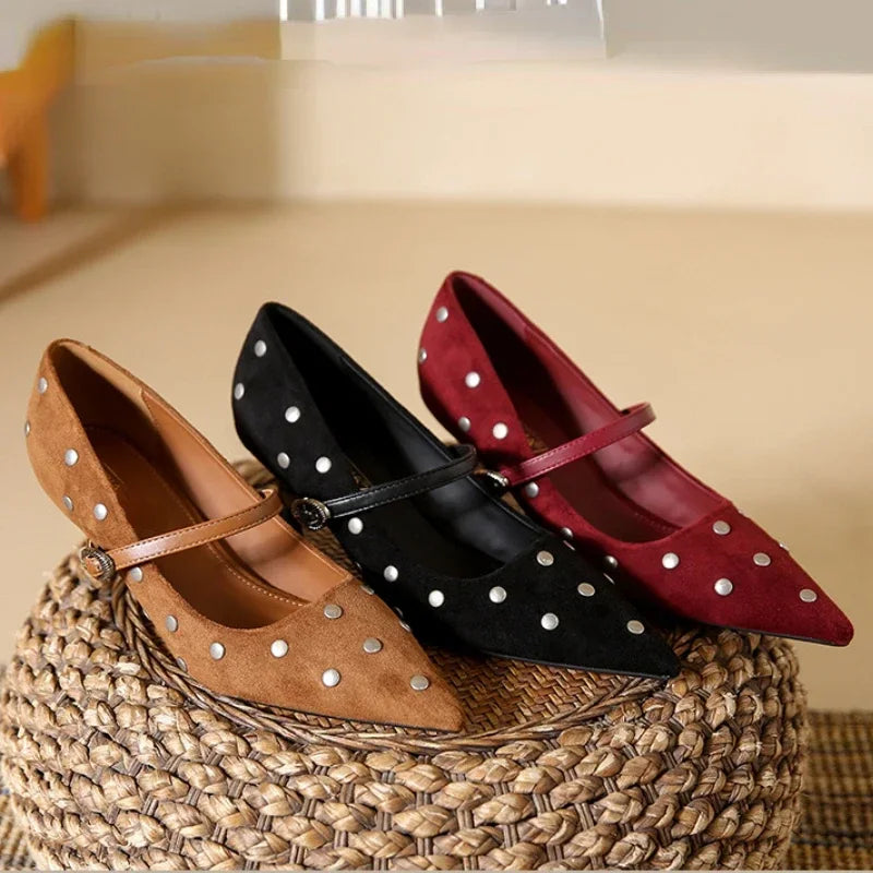 LBSFY  -  Rivet Designer High Heels Women Pointed Toe Elegant Office Women Shoes Spring Autumn Fashion Suede Low Heel Mules Pumps Women