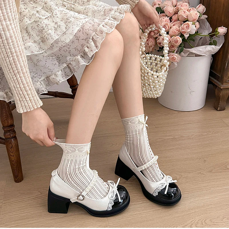LBSFY -Platform Thick Heel Women Mary Jane Shoes Fashion Butterfly-knot Dress Shoes Ladies Outdoor Leather Pumps