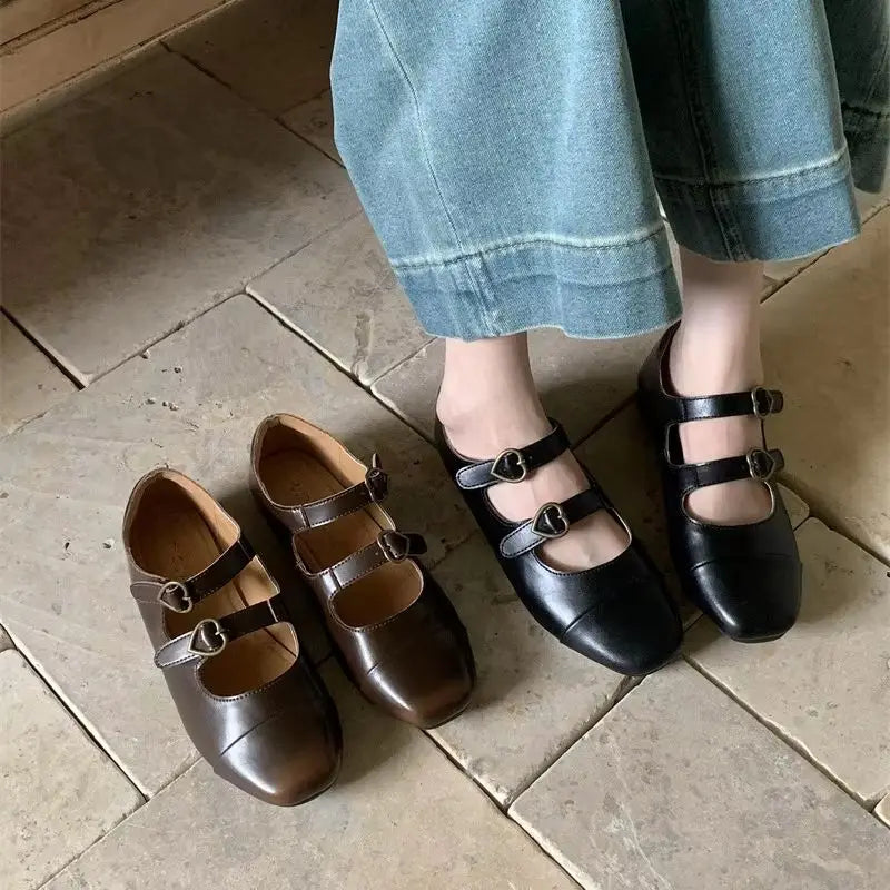 LBSFY  -   Ballerinas Zapatos Mujer Round Toe PU Leather Buckle Mary Janes Shoes Brown Ballet Flats