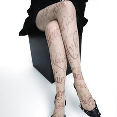 Lbsfy Women English Printed Stockings Dark Punk Butterfly Skin Tone Tattoo Jumpsuit Pantyhose Cosplay Lace Party Fishnets Tights