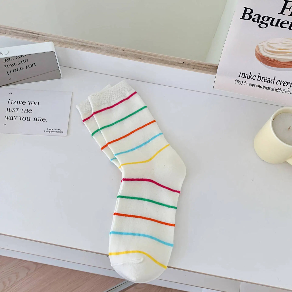 Lbsfy Women Socks Cotton Spring Autumn Female Polka Dot Striped Girls Gift White Sweet Style Simple Lovely Cute Kawaii Mid-tube Socks