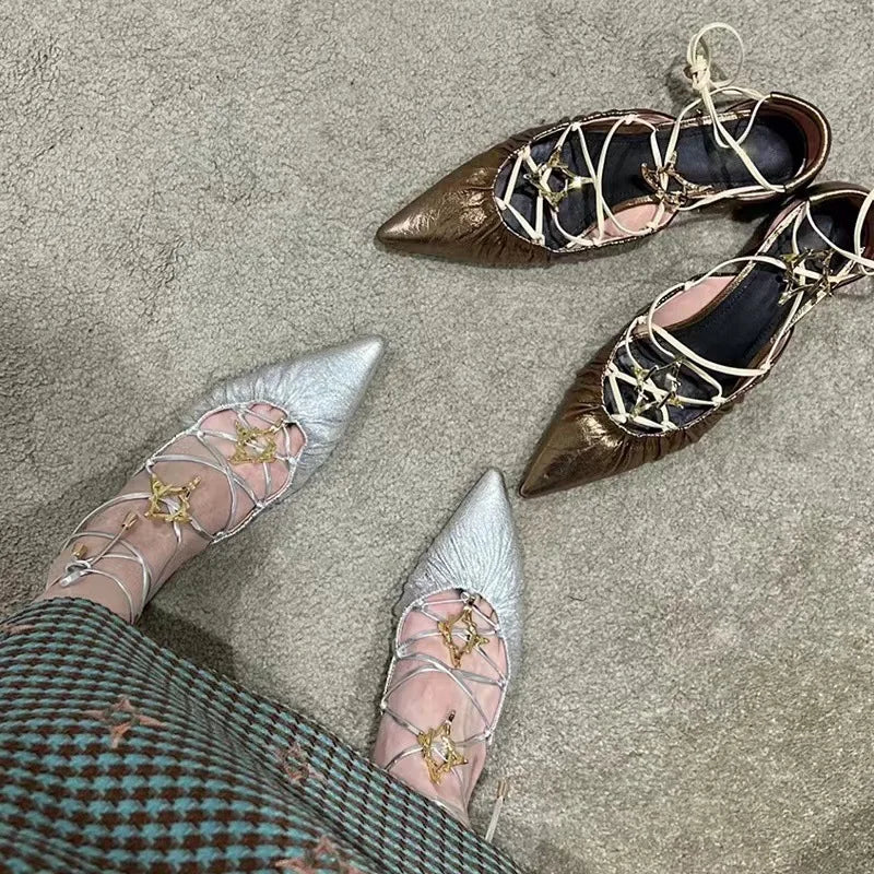 LBSFY  -  Pointed cross strap silver single shoe for women 2024 new star decoration thick heels, vintage shoes, Mary Jane shoes