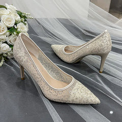 LBSFY  -  High heels, women's slim heels, sequins, sexy mesh, bridal wedding shoes, bridesmaids' lace wedding shoes, banquet dress shoes