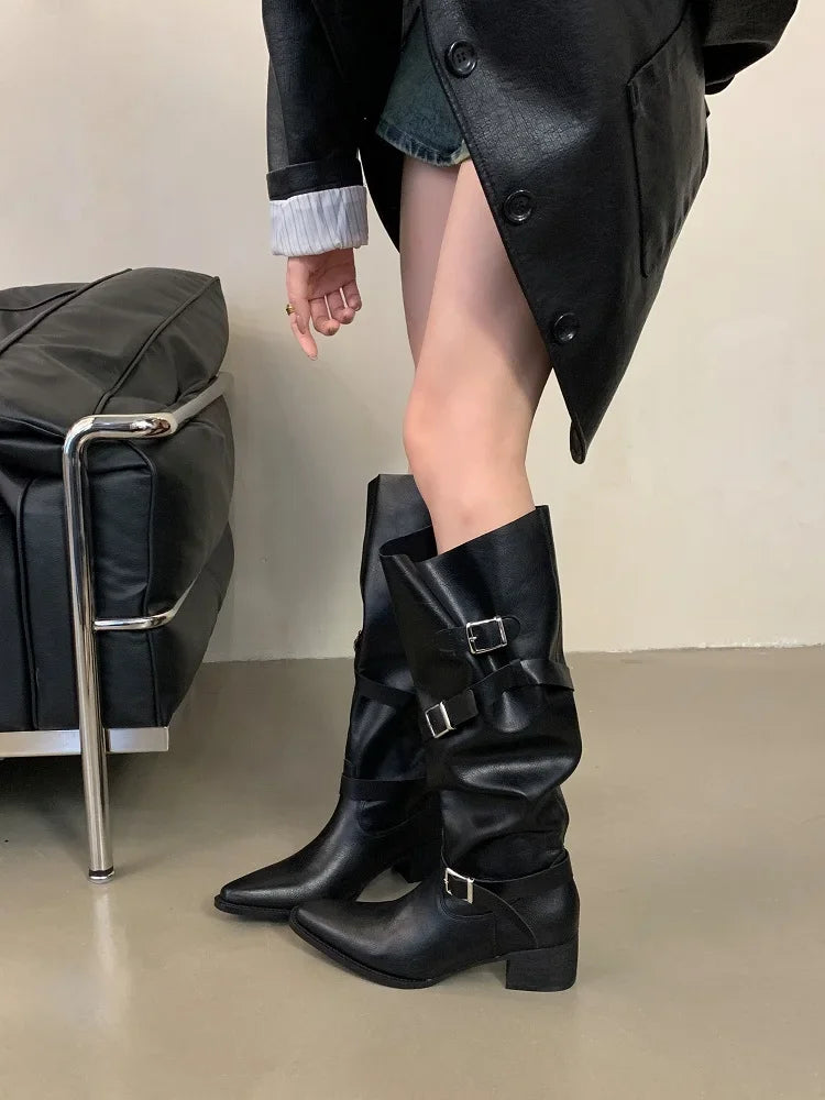 LBSFY -Winter Black Punk Round Toe Knee-High Women Boots Square Heels Buckle Strap Ladies Booties Shoes Zapatillas De Mujer
