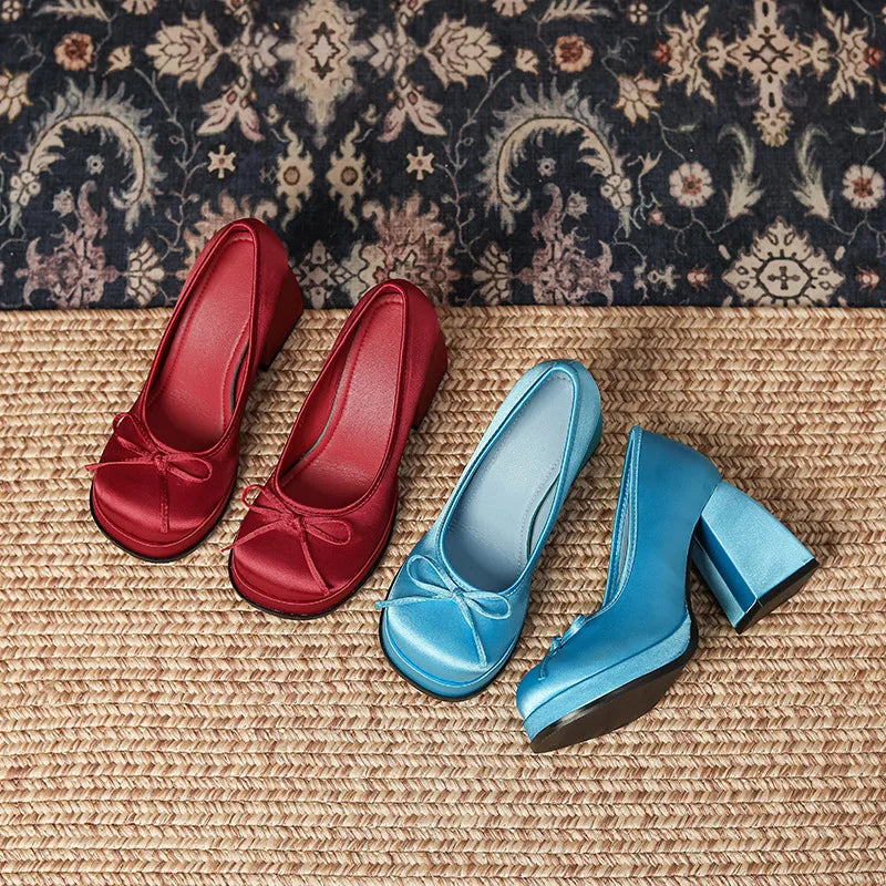 LBSFY  -   Women High Heels Lolita Shoes Platforms Block Heel Ballerinas Zapatos Mujer Satin Pumps
