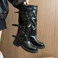 LBSFY -Designer Pleated Buckle Knight Boots Women Autumn Brown PU Leather Mid Calf Boots Woman Slip-On Thick Heel Riding Botas Mujer