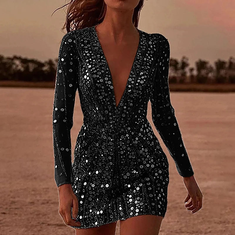 LBSFY  -  Sexy Deep V-neck Glitter Sequins Mini Dress Women Elegant Hight Waist Evening Dress 2025 Casual Long Sleeve Slim Wrap Hip Dress
