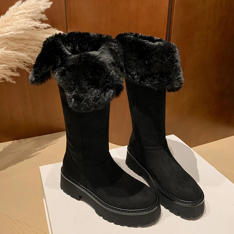 LBSFY  -  Cow Suede Leather Boots Women Slip On Wool Warm Winter Knee High Boots Handmade Ladies Platform Snow Boots Shoes