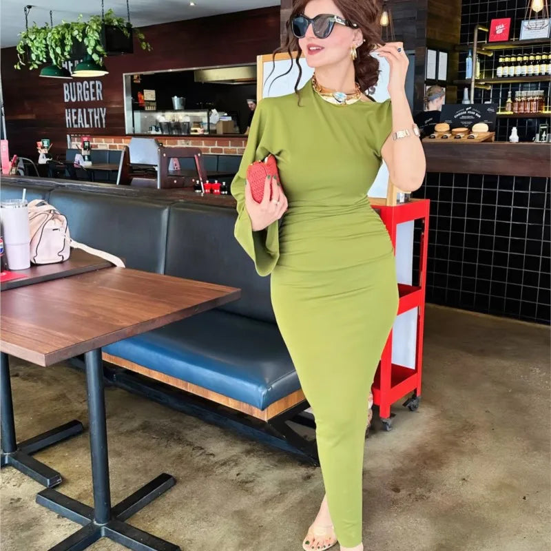 LBSFY -One Shoulder Long Sleeve Dress Solid Color Green Fashion Party Dress For Women Tight High Waist Elegant Summer Dresses New