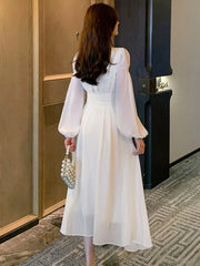 LBSFY -Elegant Long Sleeve Evening Dresses for Women Autumn Slim Lace Up A-Line Party Prom White Dress Autumn French Female Clothes New